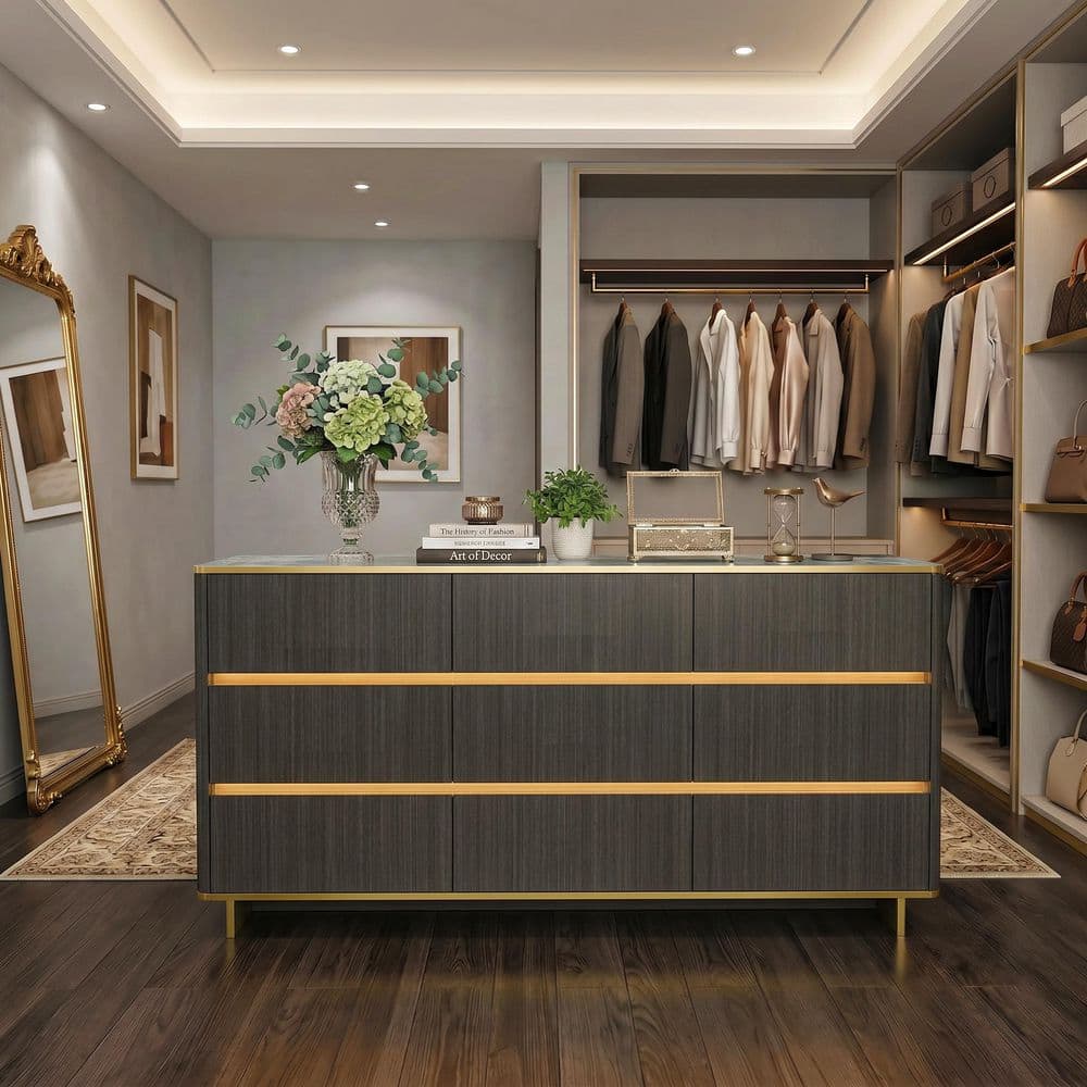 Gray Wood Grain 9-Drawer 63 in. Wide Dresser, Chest of Drawers with Marble Top, LED Light and Socket price history on PriceWatchPro