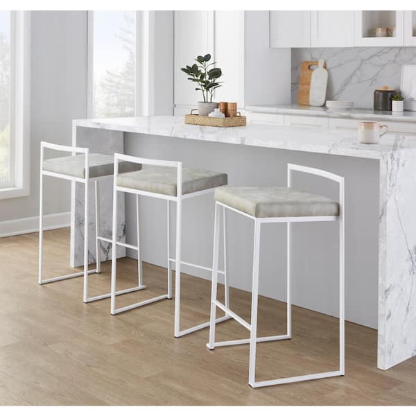 Fuji 27.75 in. Light Grey Cowboy Fabric and White Metal Stackable Counter Stool (Set of 3)
