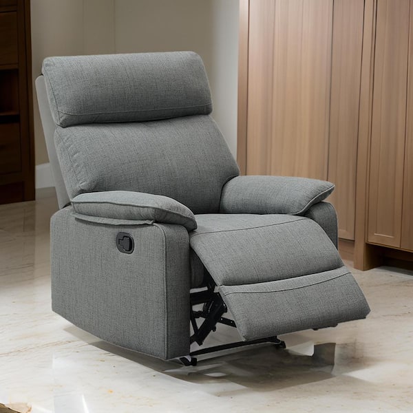 Benjara Gray Burlap Manual Recliner with Cushioned Seat and Solid Wood