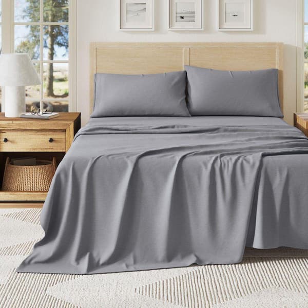 FRESHFOLDS Blue Ultra-Soft Cotton Heathered Melange Jersey Knit King Sheet Set EC201759