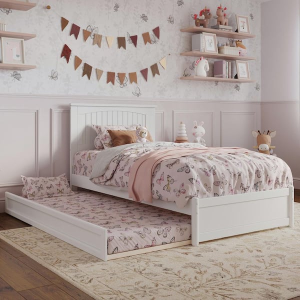 AFI Malta White Solid Wood Frame Twin Platform Bed with Panel Footboard and Twin Trundle