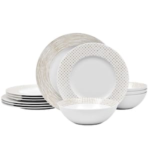 Khaki Hammock Rim Porcelain 12-Piece Dinnerware Set, Service for 4