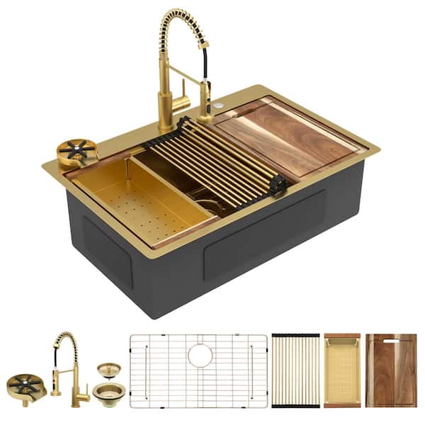 33 in. Drop-In Kitchen Sink with Ledge Workstation, Brushed Gold Stainless Steel Single Bowl with Faucet & Glass Rinser