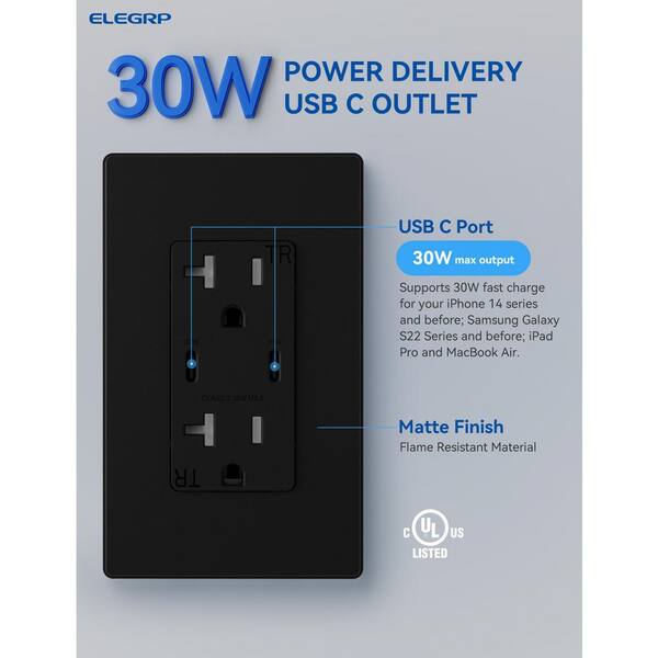 ELEGRP 30-Watt Dual Type C USB Duplex Wall Outlet for PD and QC