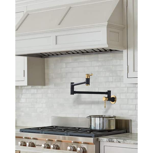 Wall Mounted Pot Filler with Double Cross Handle and Brass in Black and Gold