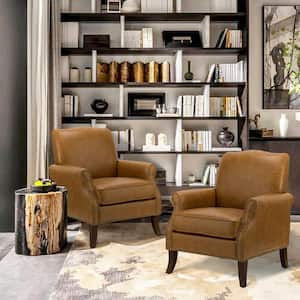 Calestin Transitional Camel Vegan Leather Nailhead Armchair with Rolled Arms and Solid Wood Legs Set of 2