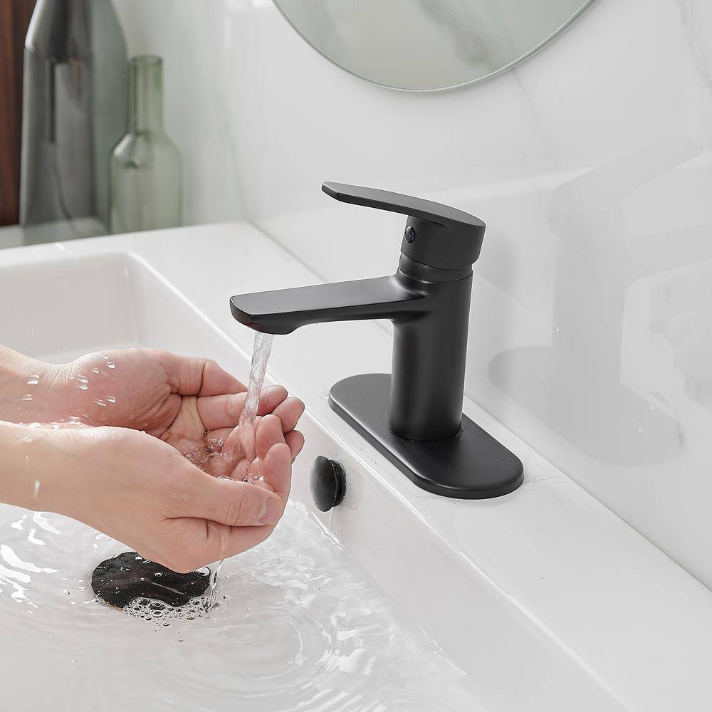 Matte Black Single-Handle Low-Arc Bathroom Faucet with Drain