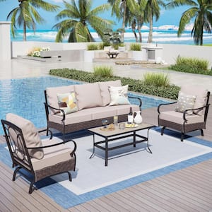 Brown Rattan 5 Seat 4-Piece Steel Outdoor Patio Conversation Set with Beige Cushions, Table with Wood-Grain Top