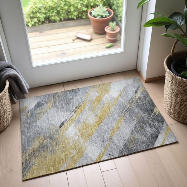 Mayfield Premium Machine Washable Abstract AMF1535 Gold 2 ft. x 3 ft. Area Rug