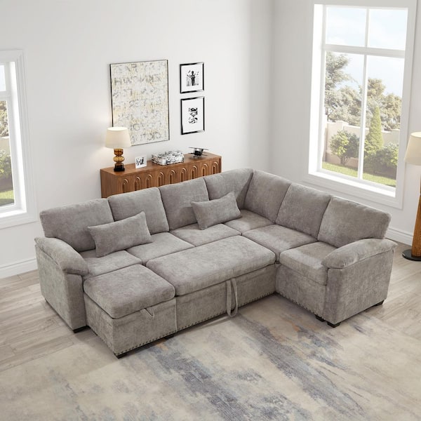 Selene Modern 97.2 in. Chenille Convertible Pull-Out Modular Sectional Sofa in. Grey with Storage Ottoman, Pillows