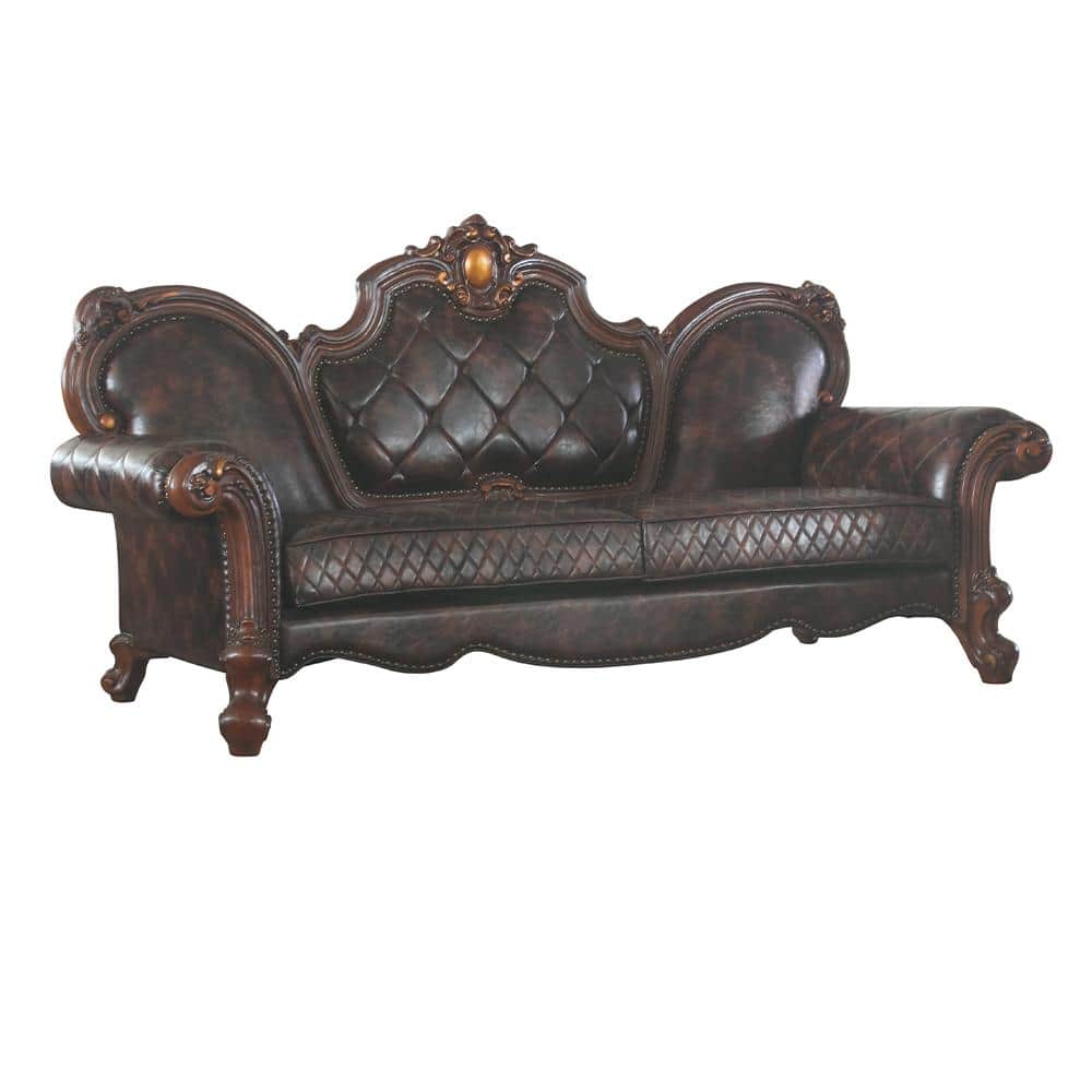 Vintage Cherry Oak Faux Leather Tufted Sofa with Nailhead Trim