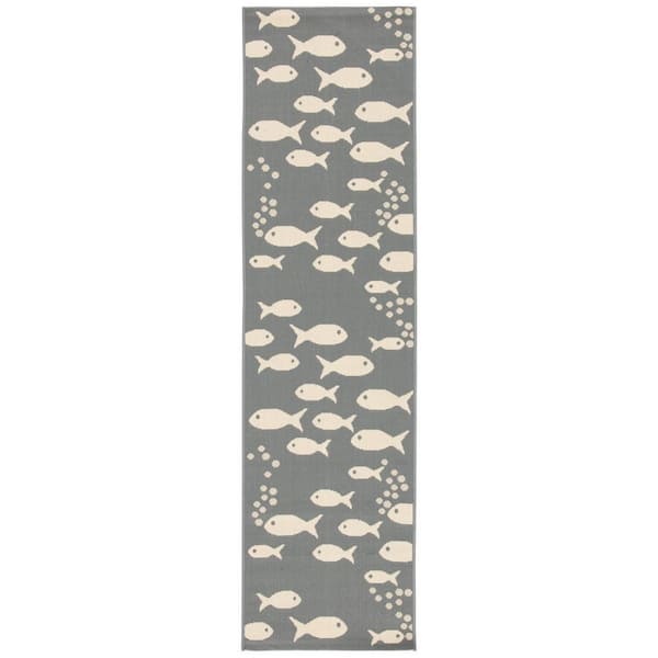 SAFAVIEH Courtyard Dark Gray/Beige 2 ft. x 7 ft. Novelty Fish Indoor/Outdoor Patio  Runner Rug