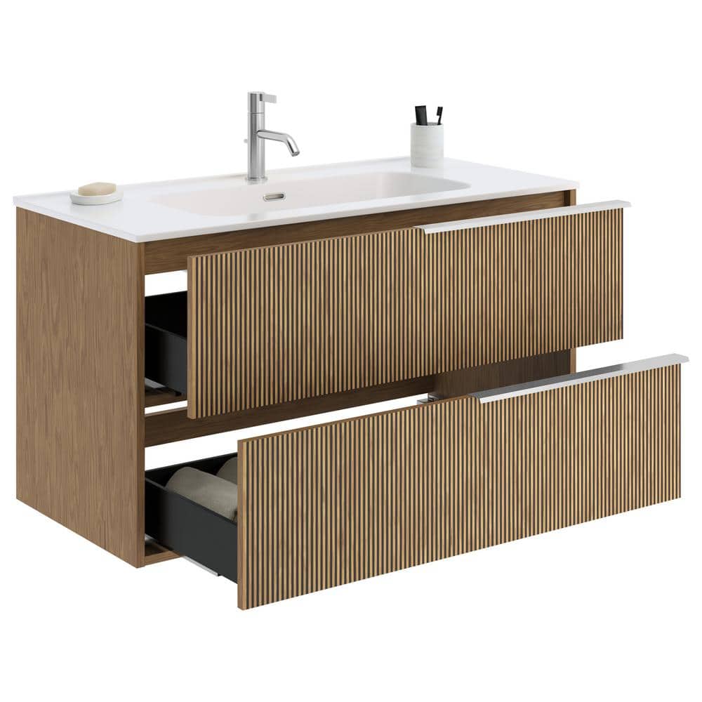 40" Medium Brown MDF Wall-Mounted Vanity with White Ceramic Sink