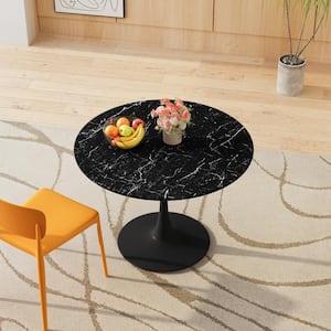 Modern Black Wood 42 in. Round Pedestal Dining Table with Printed Wood Grain Table Top Seats 2