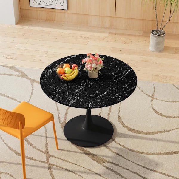 Unbranded Modern Black Wood 42 in. Round Pedestal Dining Table with Printed Wood Grain Table Top Seats 2