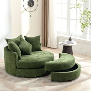 Green Chenille 360° Swivel Accent Barrel Arm Chair with Storage Ottoman and 4-Pillows