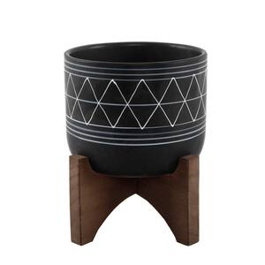 Mid-Century 5 in. Black/White Line Ceramic Geometric Pot with Wood Stand Planter