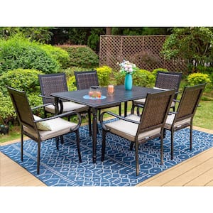 Black 7-Piece Metal Patio Outdoor Dining Set with Slat Table and Rattan Arm Chairs with Beige Cushion