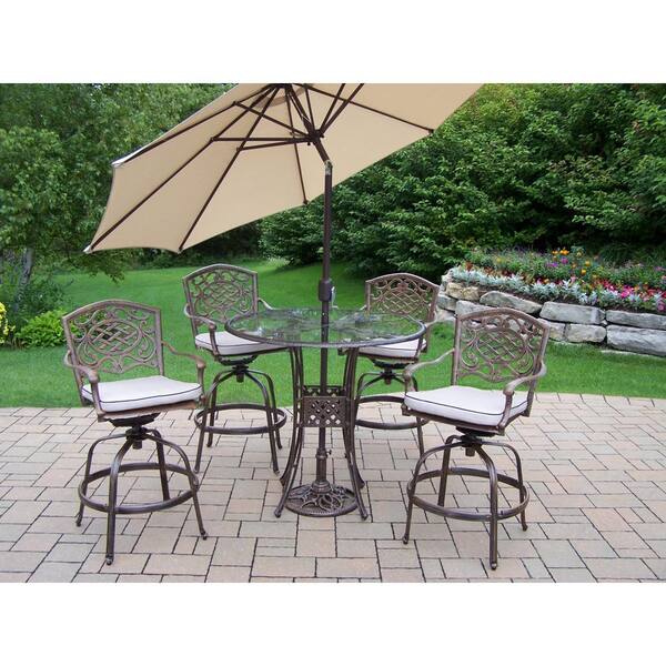 Unbranded Swivel 7-Piece Aluminum Outdoor Bar Height Dining Set with Oatmeal Cushions and Beige Umbrella