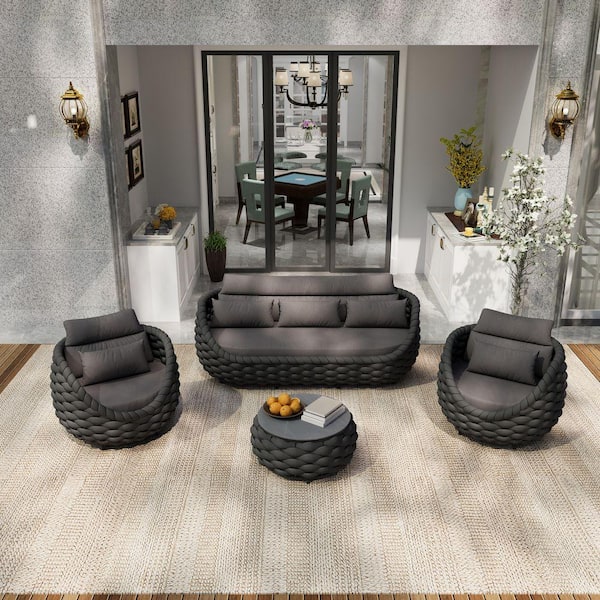 4-Piece Black Aluminum Polyester Woven Rope Outdoor Sectional Set 3-Seater Sofa with Dark Grey Cushions