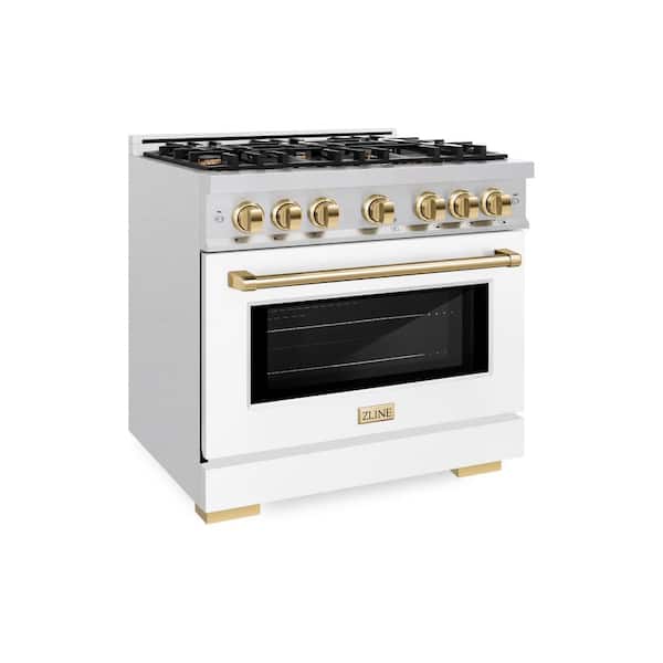 Autograph 36 in. Select Dual Fuel Range with 6 Burners and Convection Oven in Satin Steel with White and Gold Accents