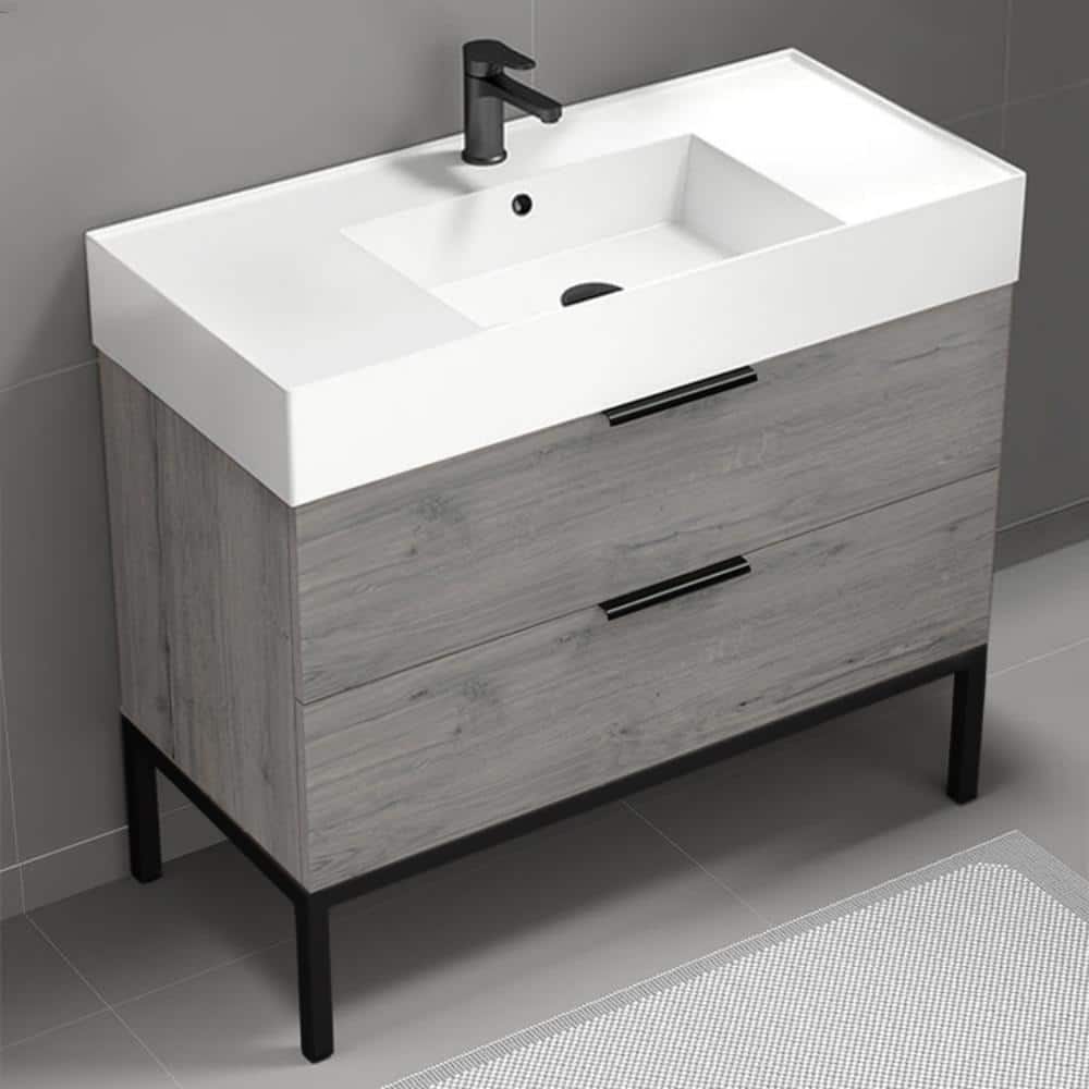 Derin 40" Grey Oak and Black Freestanding Single Basin Vanity Set