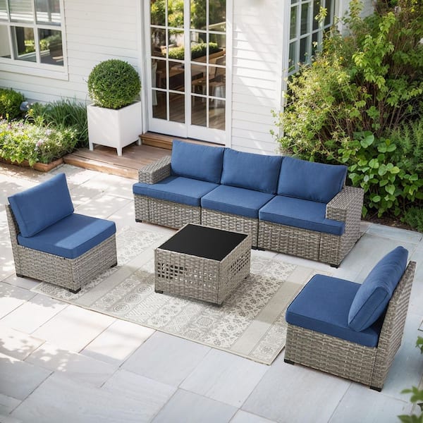 Opohoro ModNest Taupe 6-Piece Wicker Patio Conversation Set, Modular Sofa Set with Navy Blue Cushions and Coffee Table