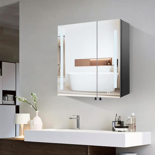 Tenleaf 30 in. W x 26 in. H Rectangular Metal Medicine Cabinet with Mirror, Mirror Cabinet with LED Lights and Defog Function