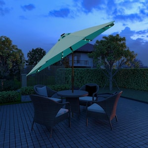 9 ft. Outdoor Beach Umbrella LED Solar Patio Umbrella with Tilt and Crank Without Base in Light Blue