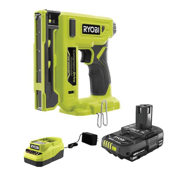 RYOBI ONE+ 18V Cordless Compression Drive 3/8 in. Crown Stapler Kit with 2.0 Ah Battery and Charger