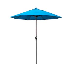 7.5 ft. Bronze Aluminum Market Auto-Tilt Crank Lift Patio Umbrella in Canvas Cyan Sunbrella