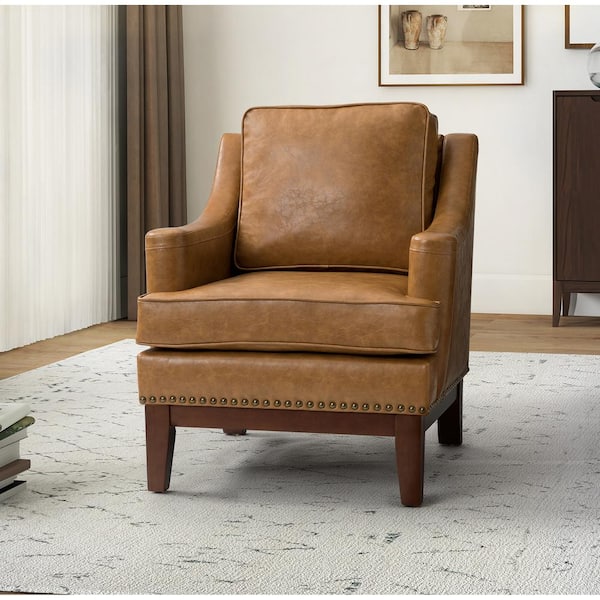 JAYDEN CREATION Heinrich Camel Vegan Leather Armchair with Solid Wood Legs