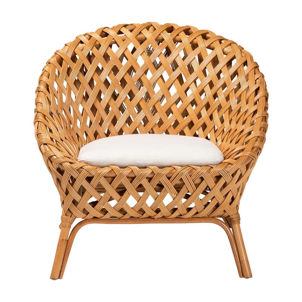 Handcrafted Natural Rattan Bohemian Accent Chair with White Cushion