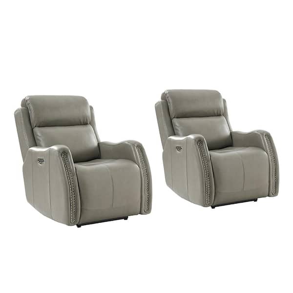 JAYDEN CREATION Roberto Grey 33.07 in. W. Nailhead Trims Genuine Leather Power Recliner with USB Charging Set of 2