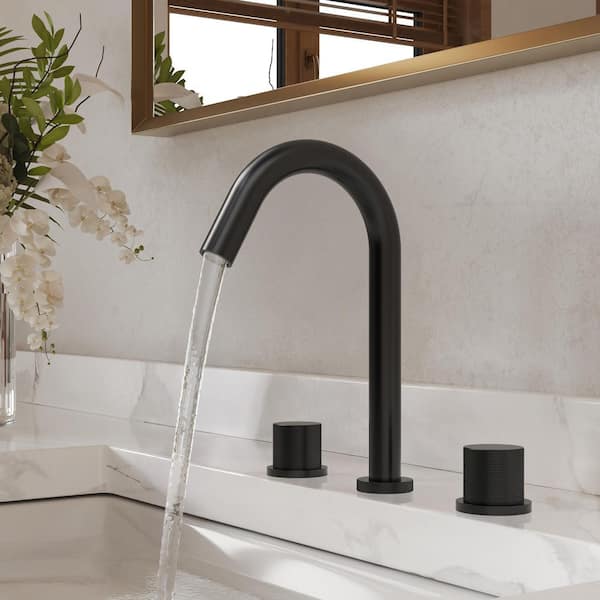 SerenityStream High Arc 8 in. Widespread Double Handle Bathroom Faucet in Matte Black Drain Included