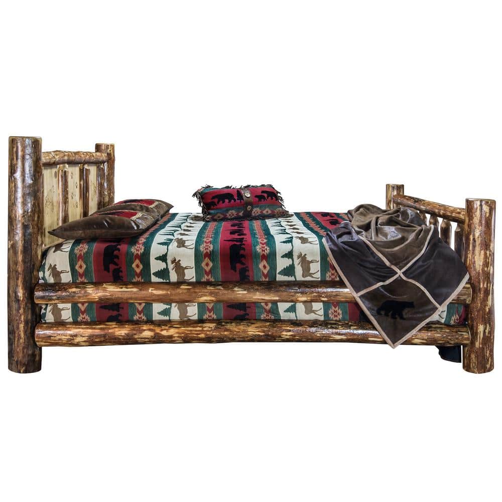 Royal Pine King Bed with Wolf Engraved Headboard and Wood Frame