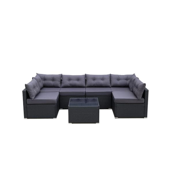 maocao hoom BlacK 7-Piece Wicker Outdoor Sectional Set with Navy Blue Cushion and Glass Coffee Table
