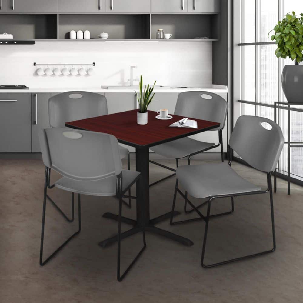 Cain 42 in. Mahogany Square X-Base Breakroom Table Desk and 4-Zeng Stack Chairs-Grey price history on PriceWatchPro