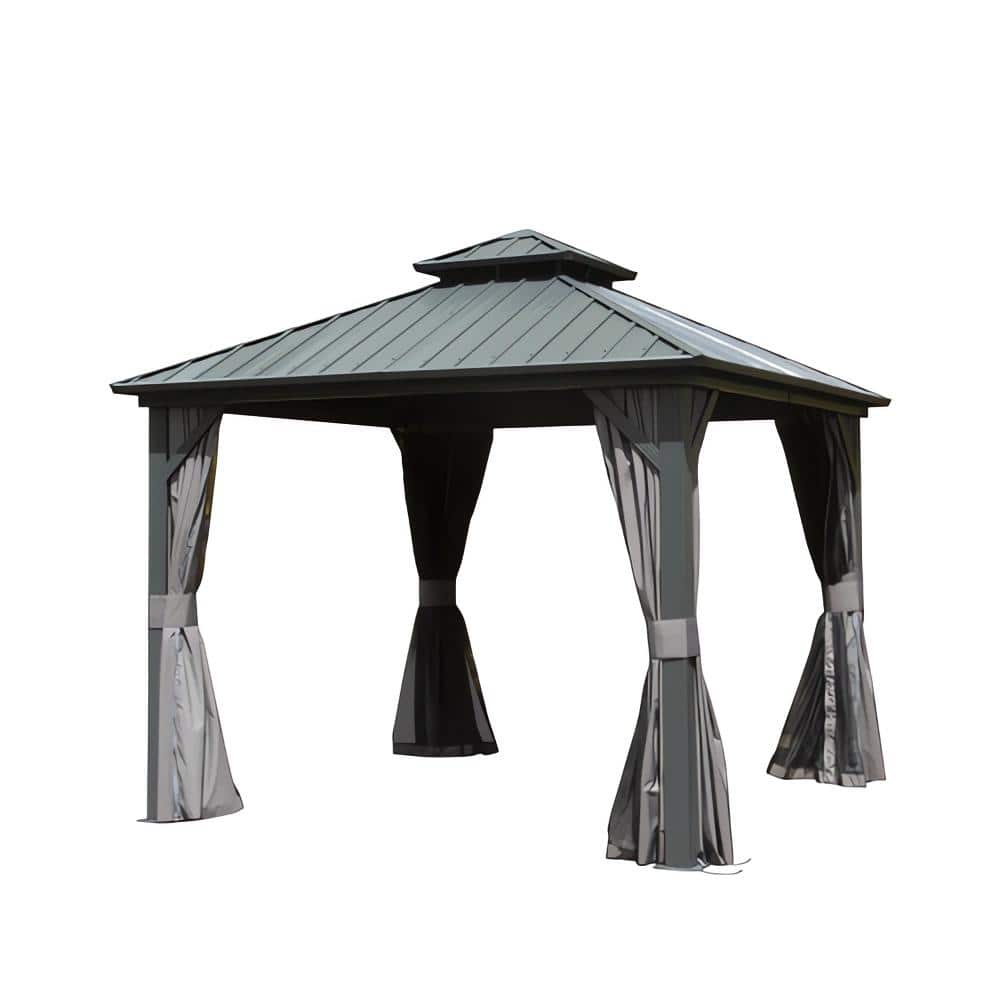 Gray Aluminum 8x8 Hardtop Gazebo with Steel Roof and Curtains