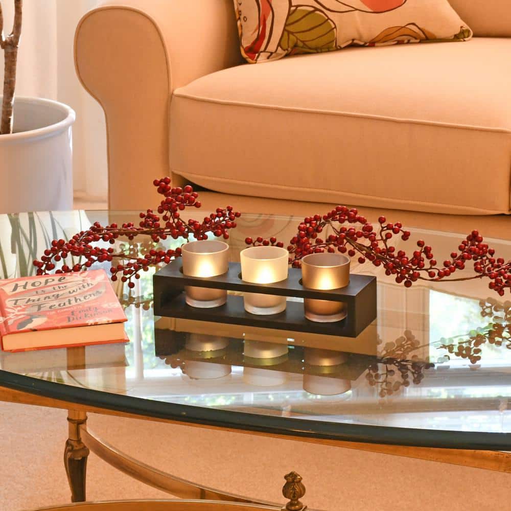 Contemporary Warm Black Wooden Tray with 3 Frosted Glass Candleholders