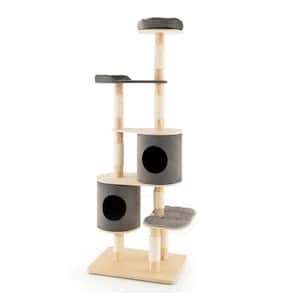 75 in. H Gray Wood Cat Tree with Condos, Perch, Scratching Post, Removable Cushions