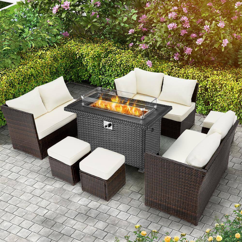 7-Piece Wicker Patio Conversation Set with Beige Cushions with 44 in. 50,00