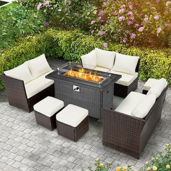 Unbranded 7-Piece Wicker Patio Conversation Set with Beige Cushions with 44 in. 50,000 BTU Propane Gas Fire Pit with Wind Guard
