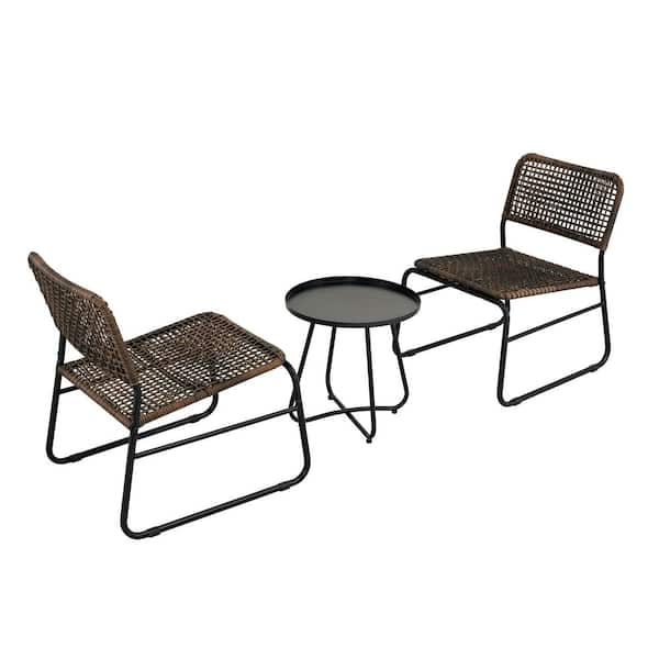 Otryad Patio Furniture Set 3 Piece Mixture Pattern PE Rattan Steel Frame And Modern Round Table, Brown and Black