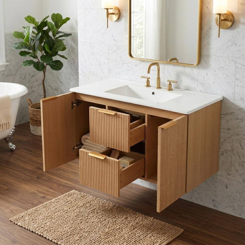 36 in. W x 18.3 in. D x 21.5 in. H Single Sink Wood Color Floating Bath Vanity with White Ceramic Top Unassembled price history on PriceWatchPro