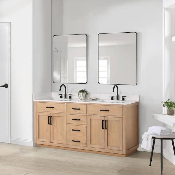 Bathroom Vanities Outlet Atlanta Renovate for LessMercer Island 72 Double  Vanity, Coffee Oak, Radiant Gold w/ Glossy White Composite Top