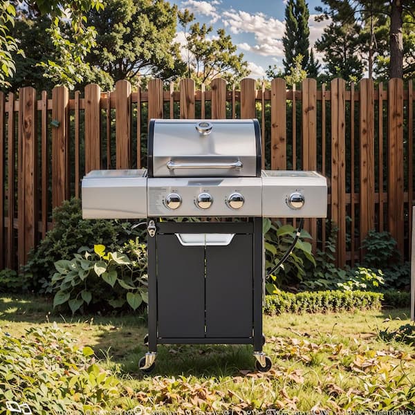 Outdoor Portable 3-Burner Propane Gas Grill with Side Burner and Cover in Stainless Steel
