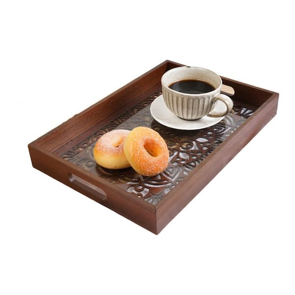 Unbranded Brown Wooden Serving Tray with Handles Decorative Tray for Coffee Table Kitchen Counter