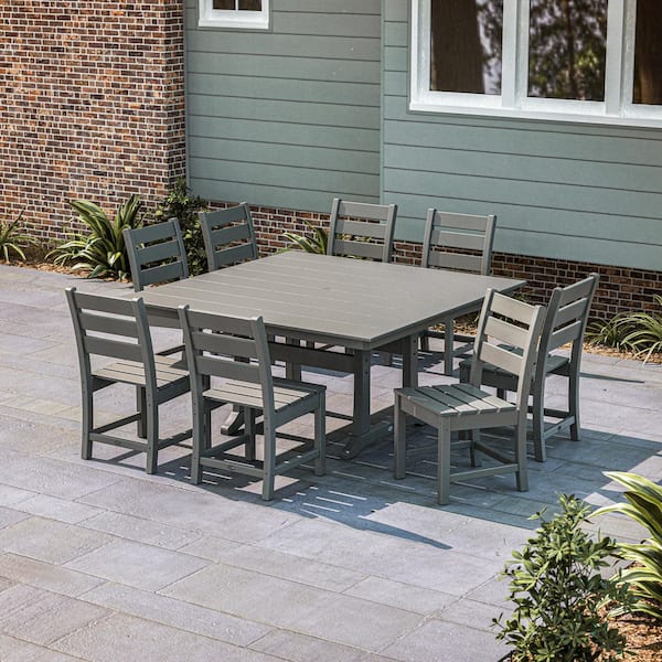 Grant Park Slate Grey 9-Piece Farmhouse Trestle Plastic Square Outdoor Dining Set