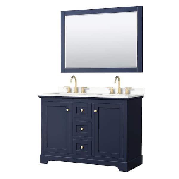 Wyndham Collection Avery 48 in. W x 22 in. D x 35 in. H Double Bath Vanity in Dark Blue with Giotto Quartz Top and 46 in. Mirror